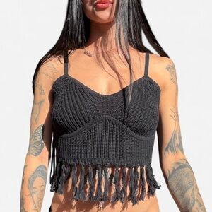 Black Fringe Knit Crop Top